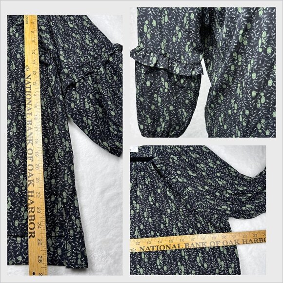 Beacon Apparel Black Green Floral Blouse Sz M 3/4 Sleeves Keyhole Flowy Fairy - Picture 7 of 12